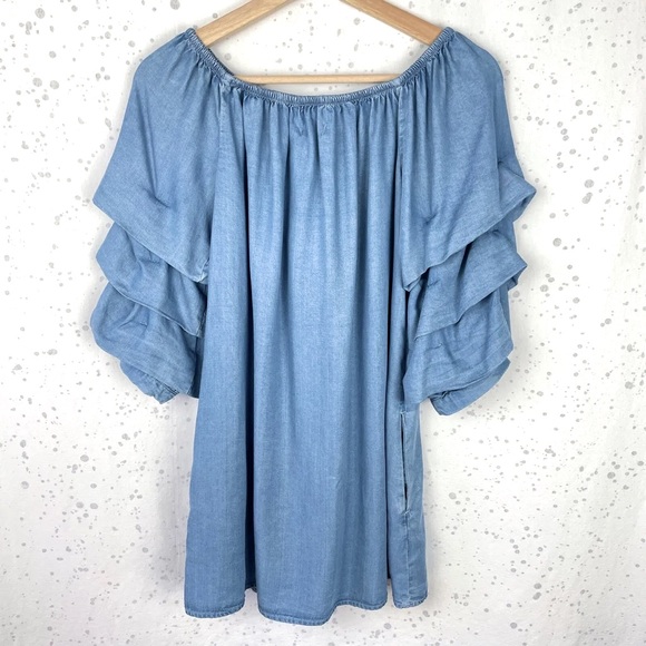 Zara off shoulder chambray denim tiered ruffle sleeve mini dress - Picture 2 of 8